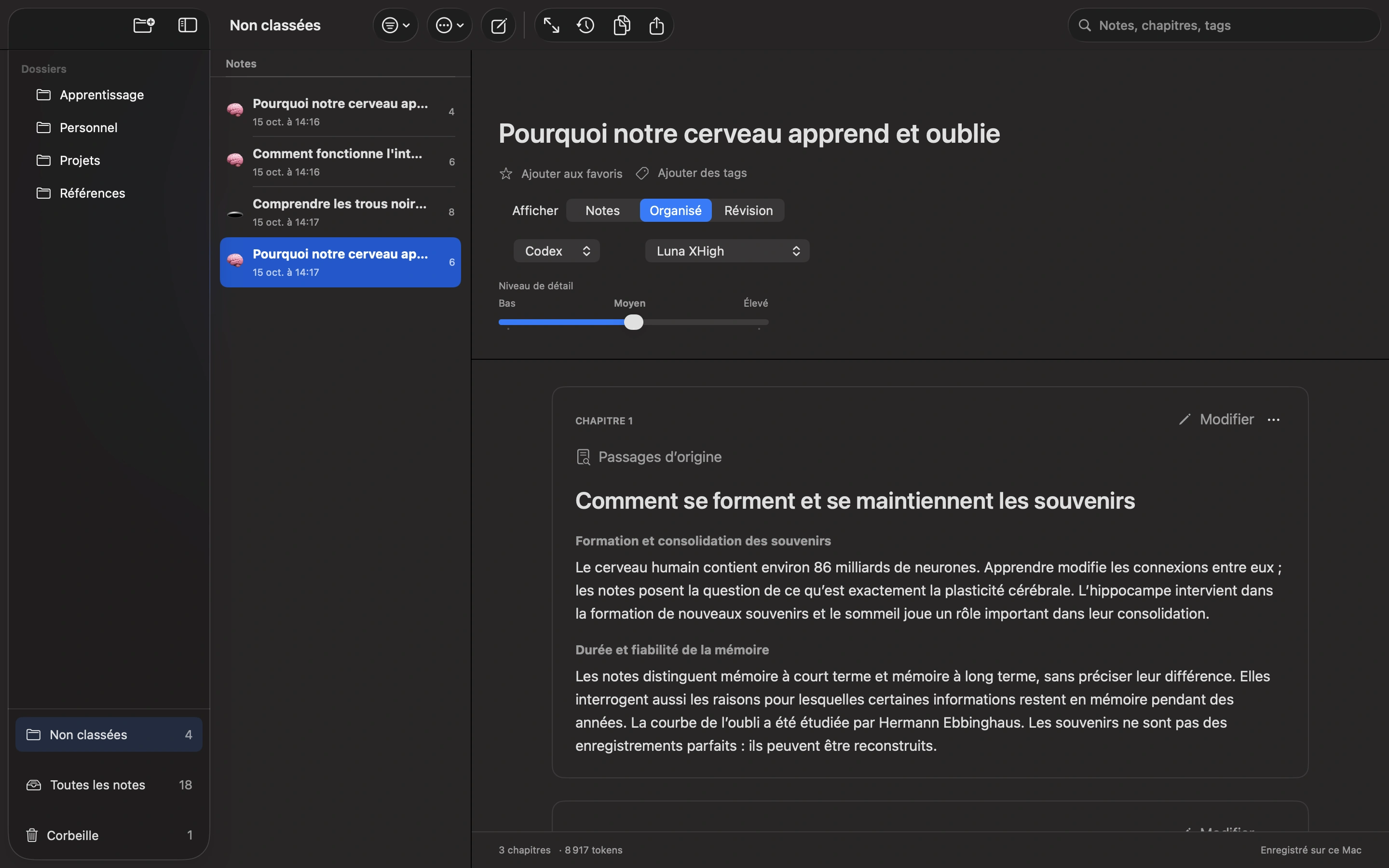Interface de Luma affichant des notes organisées en chapitres.
