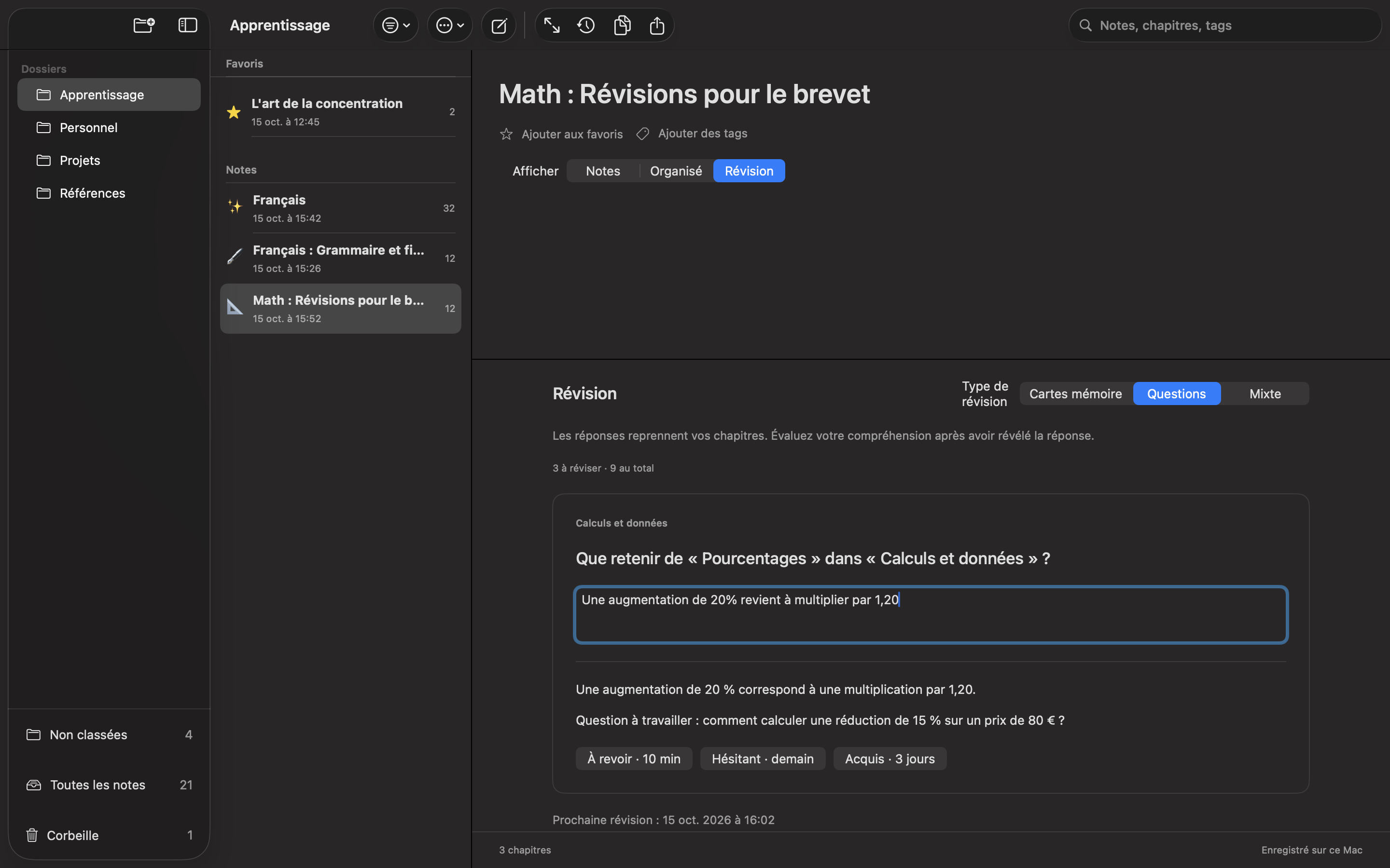 Réponse révélée avec les choix d’autoévaluation À revoir, Hésitant et Acquis.